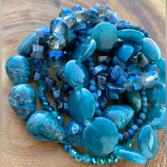 Natural Blue Gray Apatite, Jasper & Moonstone Gemstone Mix Bead Bracelet Stack - Picture 6 of 13